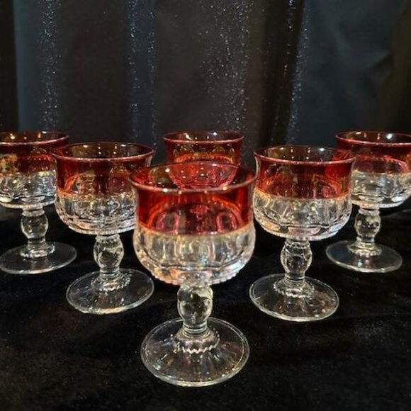 Set of 6 Kings Crown Thumbprint Ruby Cranberry Red Flash5 oz Glass Goblets - Picture 1 of 6